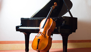 An photo of a piano and a cello