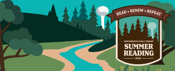 Summer Reading logo with pine trees, a river, and the water tower