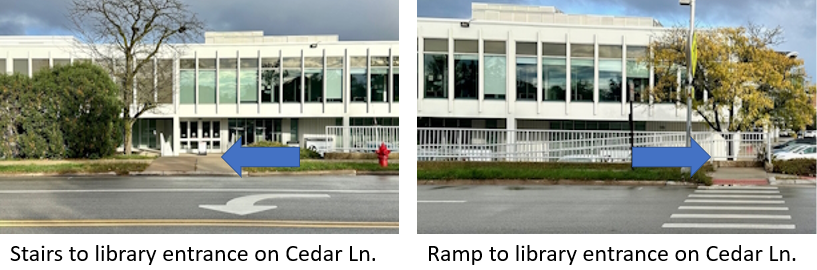 Photos showing the entrance to the library's west entrance from the stairs or ramp on Cedar Lane