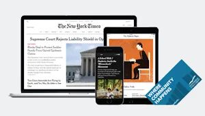 Devices including a laptop, tablet, and smartphone displaying the New York Times