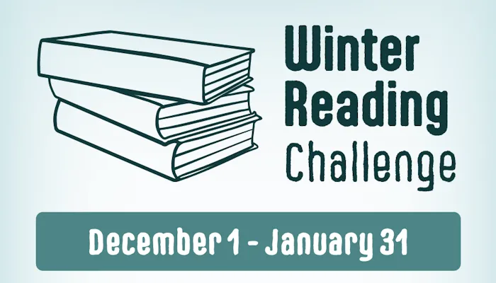 Winter Reading Challenge logo with a stack of books